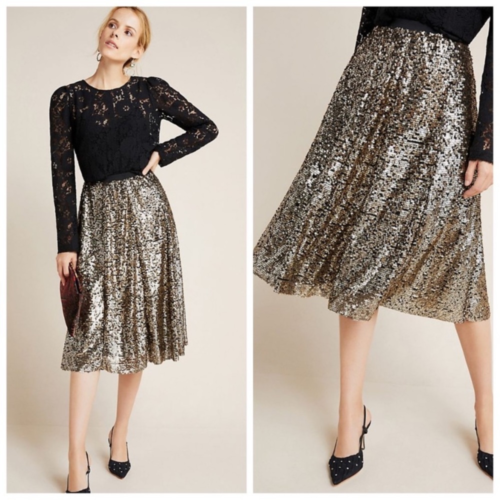 Anthropologie Orleans Gold Sequin Skirt